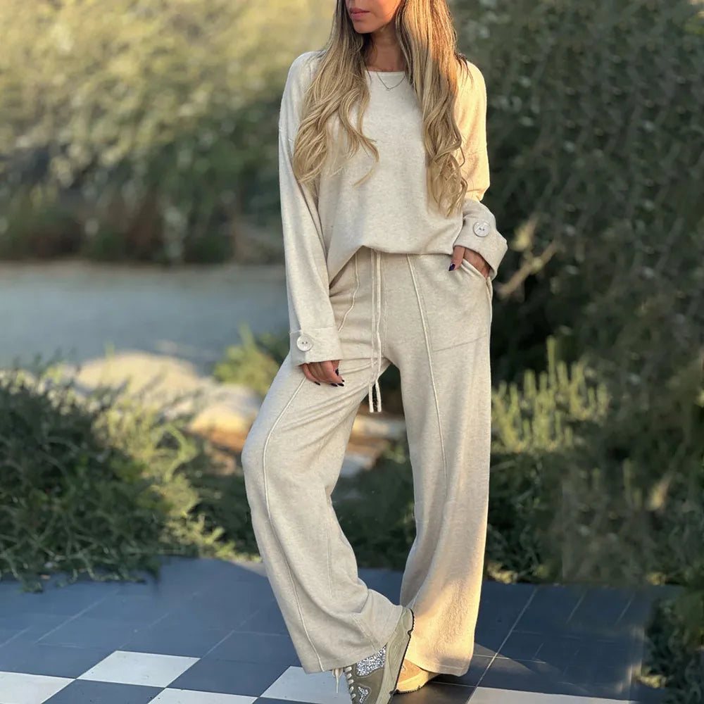 Levoire | Ensemble Confortable Deux Pièces Avec Manches Longues Et Jambes Larges Abricot