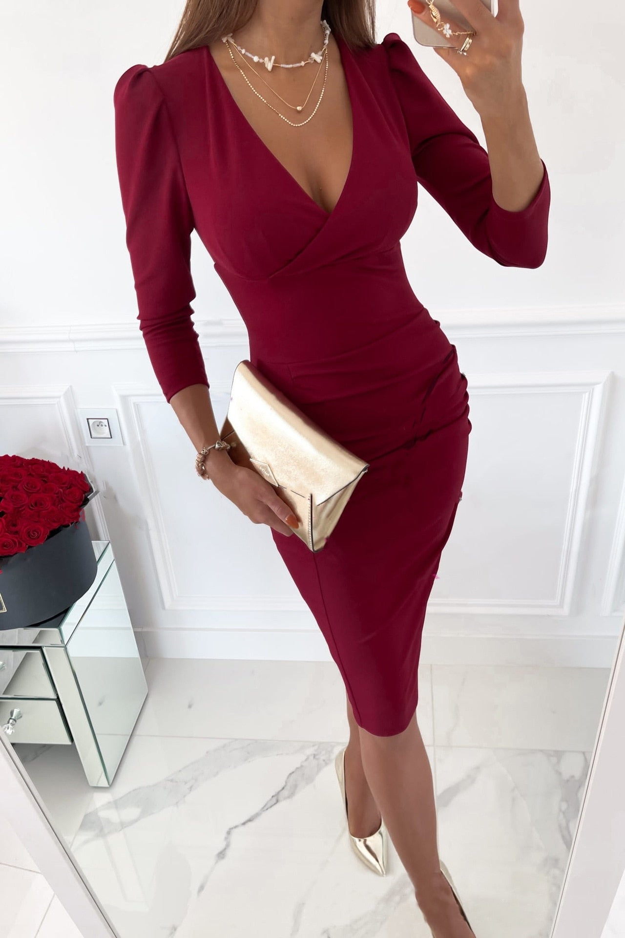 Levoire | Robe Bodycon À Col V Pour Femmes Rouge bordeaux