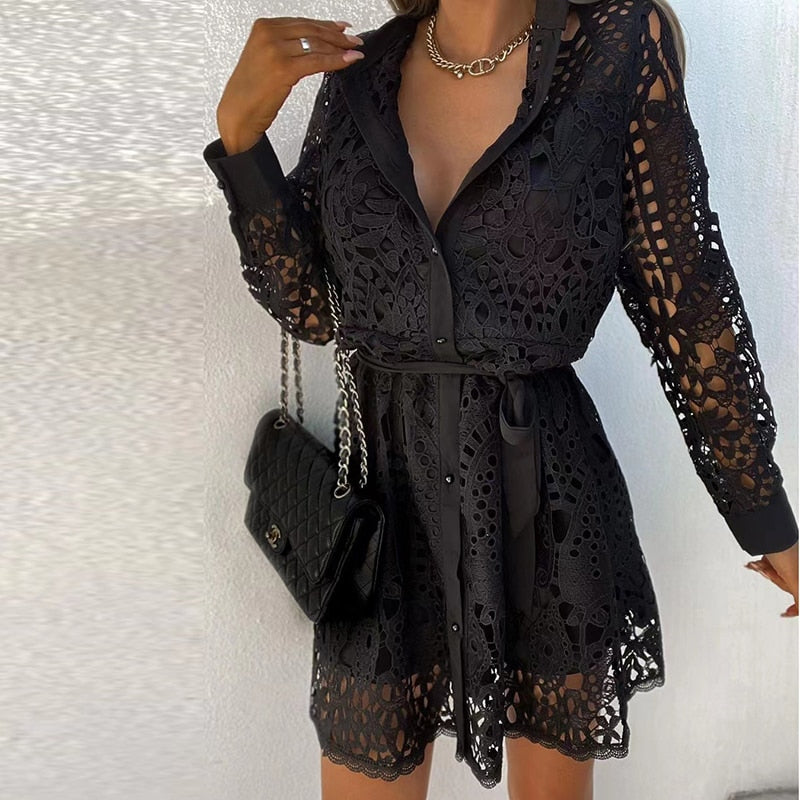 Levoire | Robe En Dentelle Avec Ceinture Pour Femmes Noir