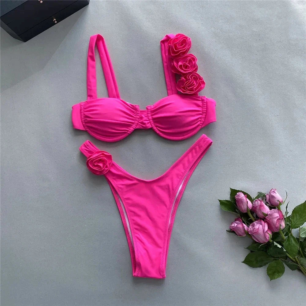 Levoire | Maillot De Bain Deux Pièces Avec Motif De Roses Élégant Rose foncé