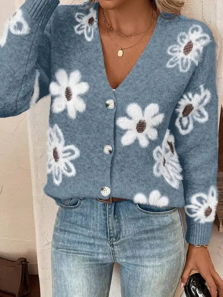Levoire | Cardigan À Imprimé Floral À Manches Longues Et Décolleté En V Avec Boutons Bleu
