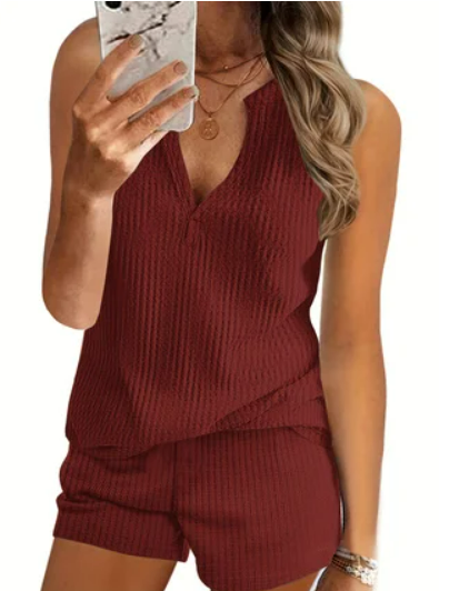 Levoire | T-Shirt D'Été Relaxant À Col V Pour Femmes Vin rouge