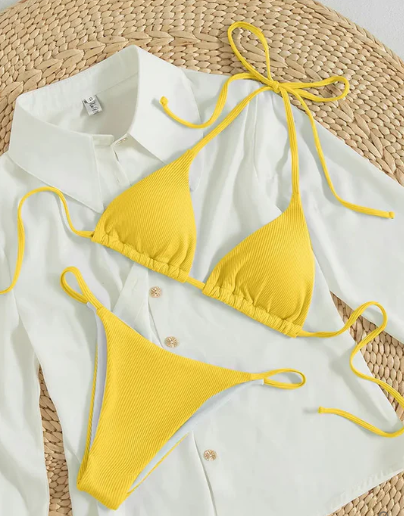 Levoire | Bikini Bleu Avec Bande Haute Et Décolleté En V Jaune
