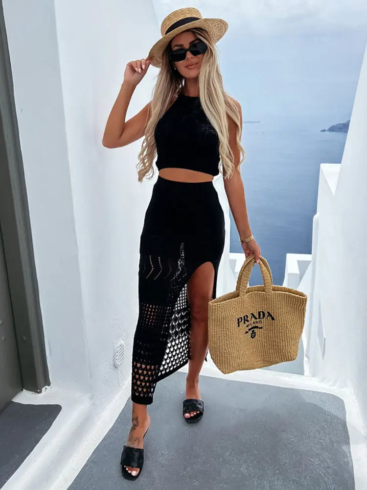 Levoire | Pull Transparent Crop Top & Jupe Longue Ensemble Noir