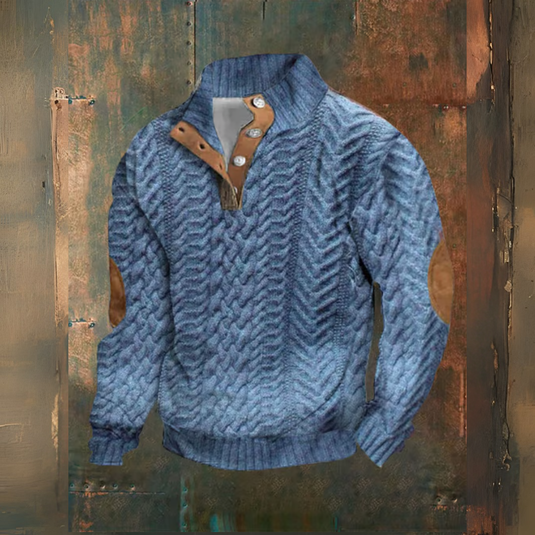 Levoire | Twists Tresse Imprimé Col Montant Bouton Décontracté Pull Bleu