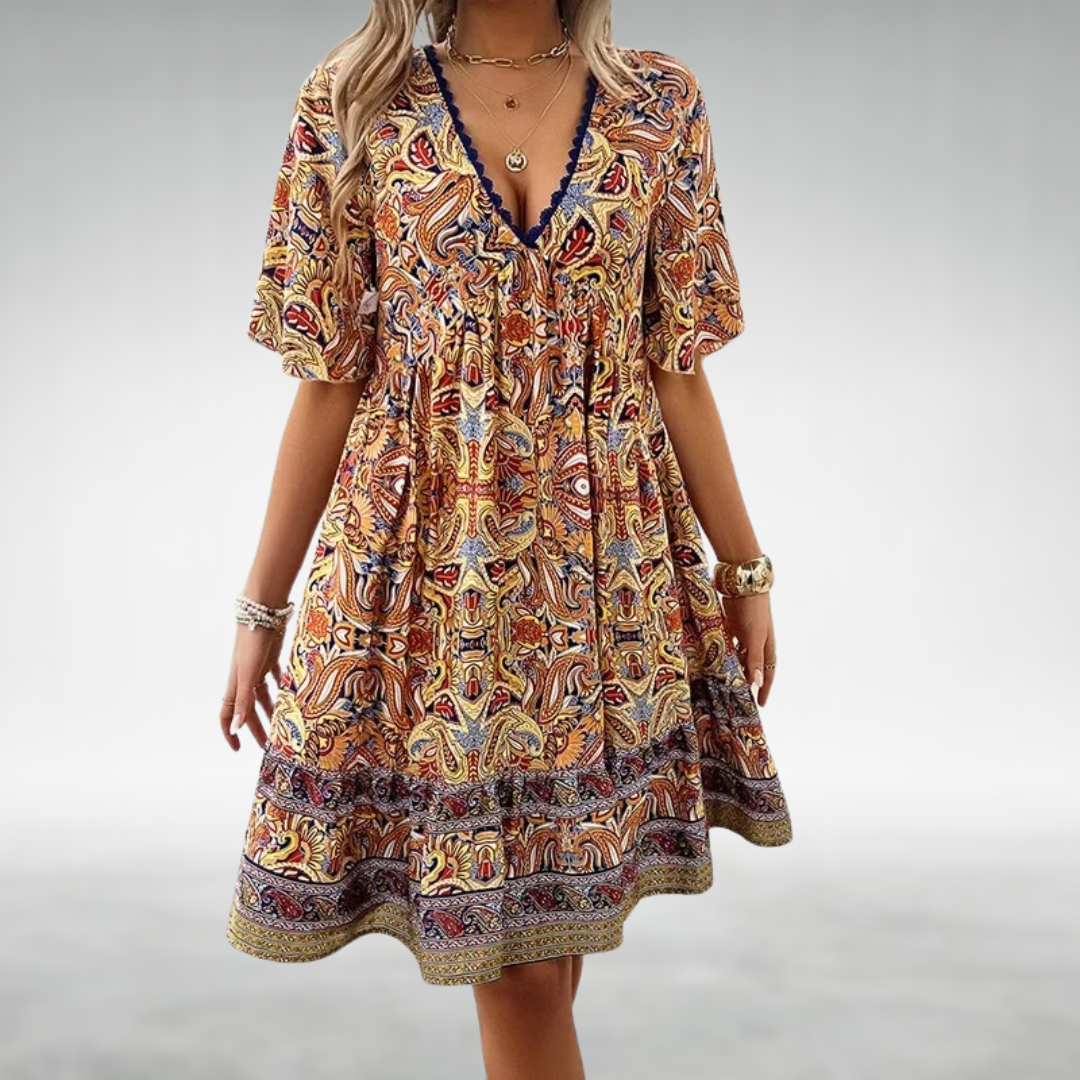 Levoire | Manches Courtes Robe À Encolure En V Robe Boho Jaune