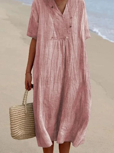 Levoire | Robe Midi En Lin À Manches Courtes Ajustée Pour Femmes Rose clair