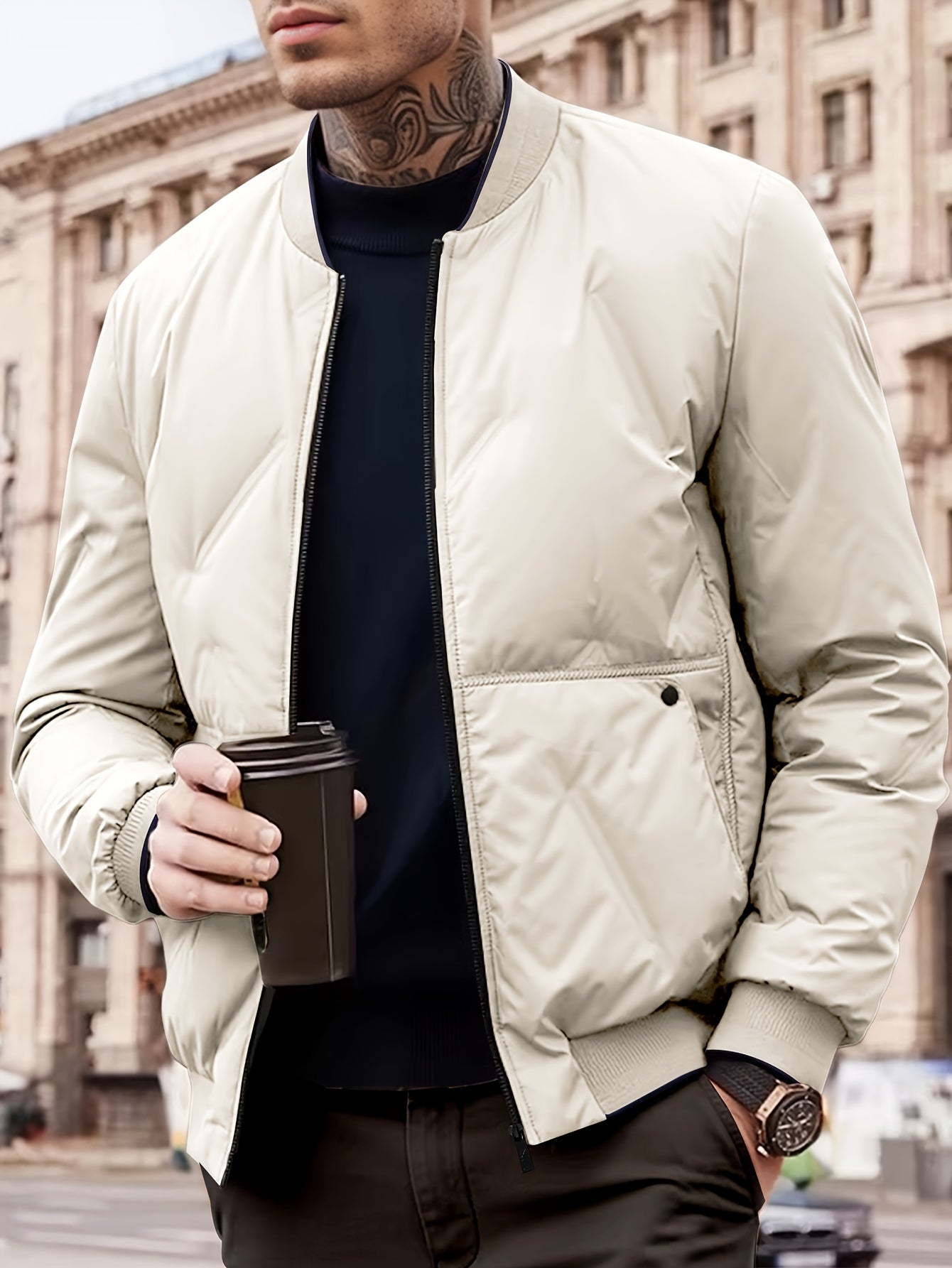 Levoire | Veste À Col Baseball À Manches Longues Avec Fermeture Éclair Beige