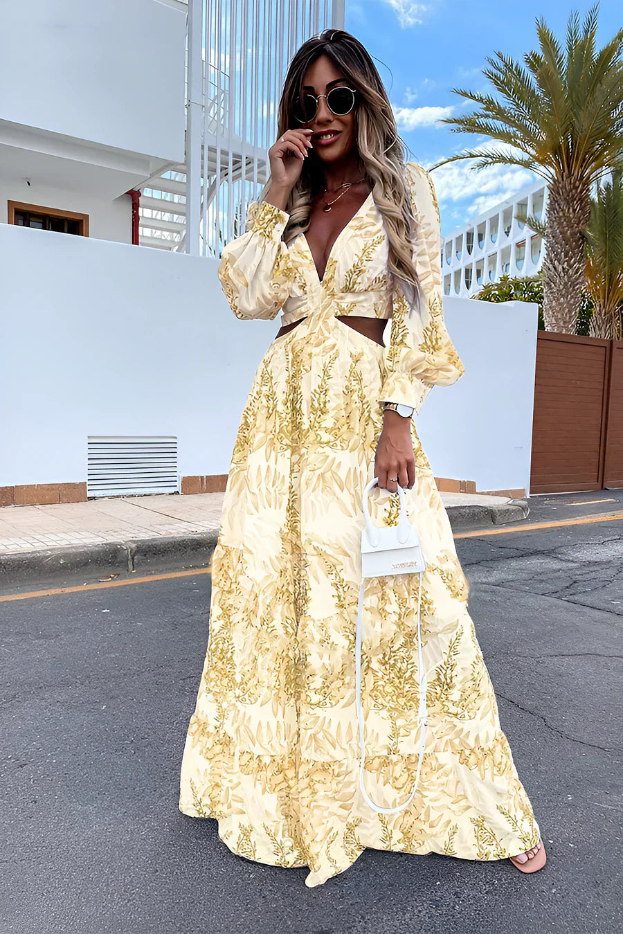 Levoire | Robe élégante à manches longues et décolleté en V imprimé Jaune