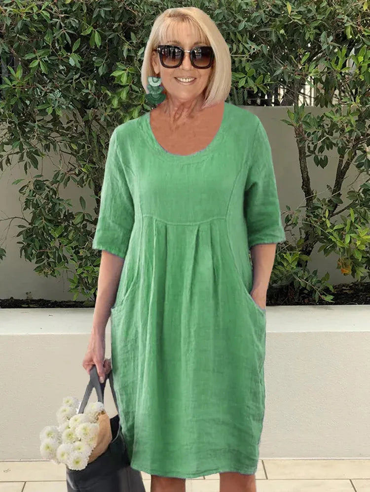 Levoire | Robe tunique midi en coton lin à poches de couleur unie Vert
