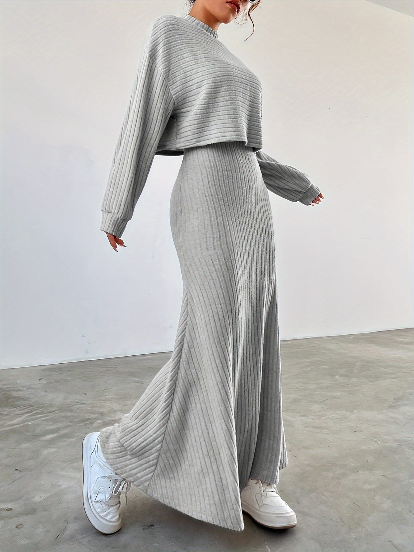 Levoire | Uten Manches Long Robe À Encolure Ronde Ensemble Tricoté À Deux Pièces Gris