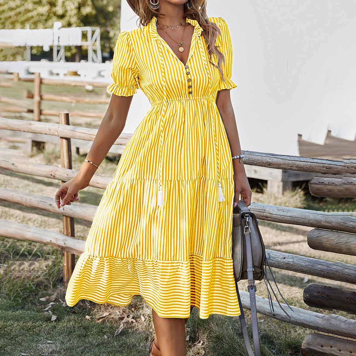 Levoire | Robe Maxi Boho Rayée Avec Volants Pour Femmes Jaune