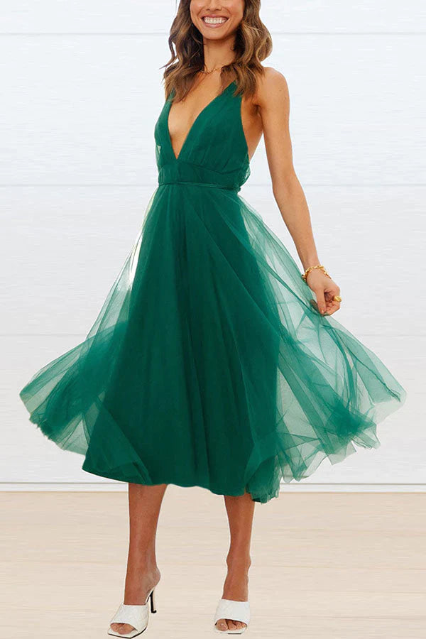 Levoire | Robe midi en tulle à col en V Feeling Romantic Vert