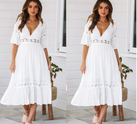 Levoire | Femme Robe À Col En V Brodée D'œillets - Blanc Blanc