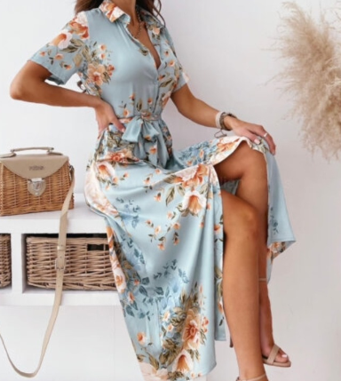 Levoire | Robe midi bleue à manches courtes et col en V Bleu