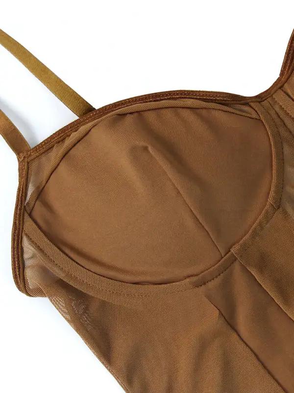 Levoire | Combinaison sexy transparent dos nu en mesh pour femmes Café