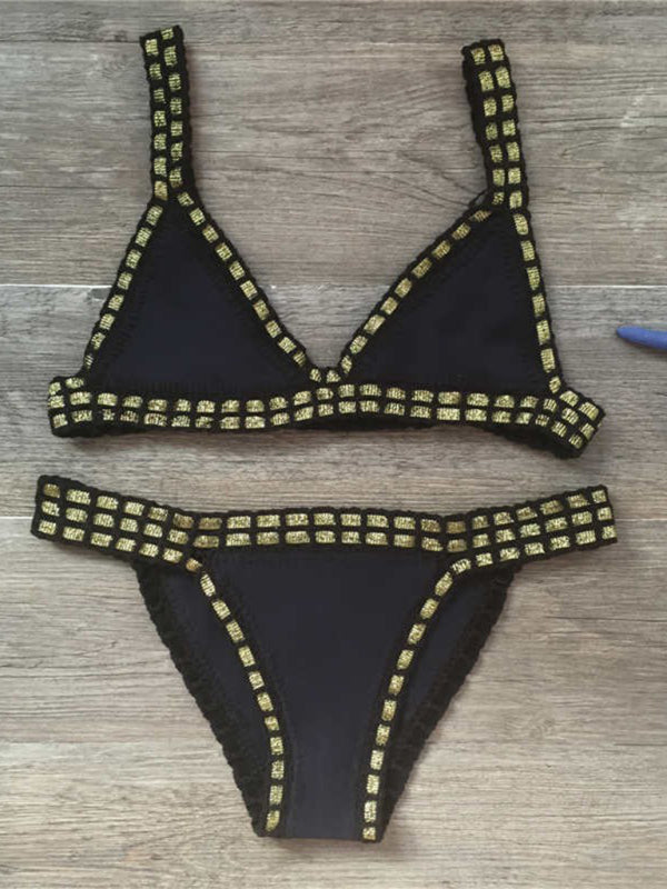 Levoire | Bikini en crochet à la main avec panneaux tricotés ensemble de maillot de bain Noir