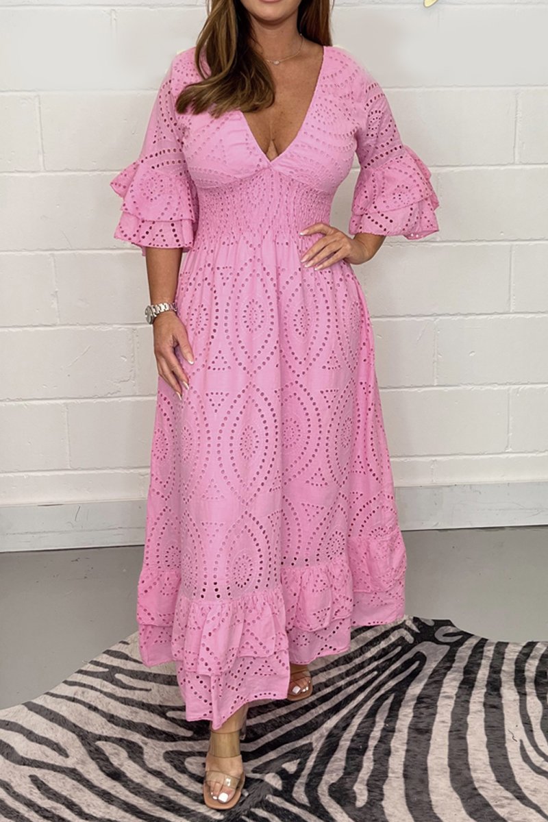 Levoire | Robe En Coton Avec Décolleté En V Et Découpes En Dentelle Rosa