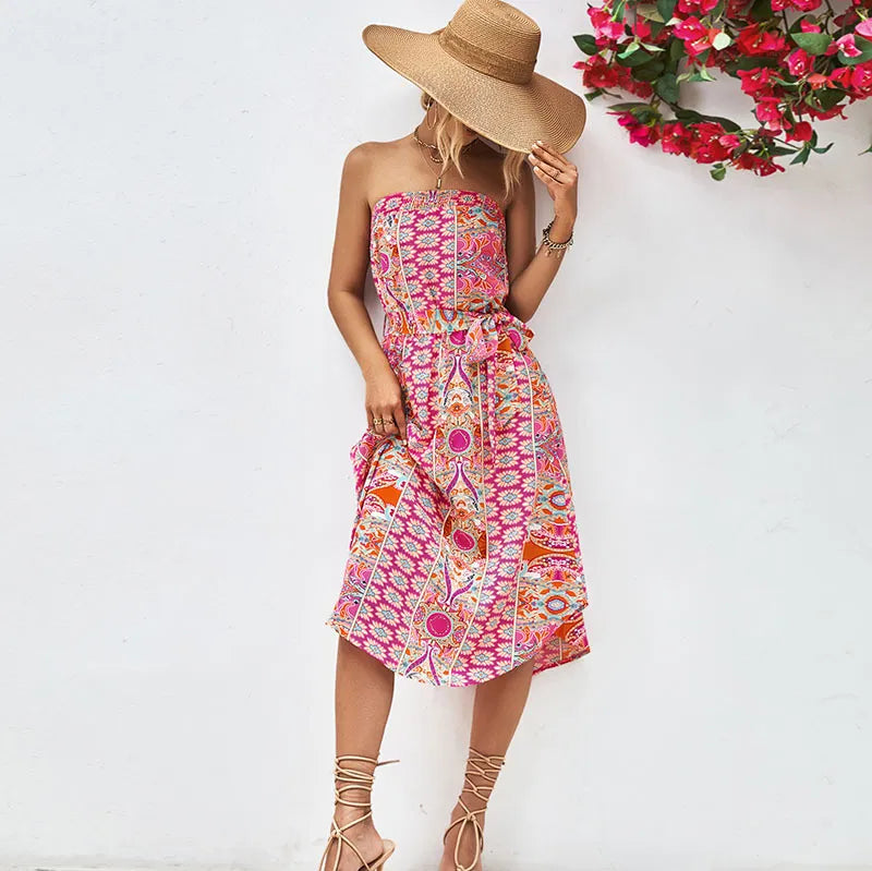 Levoire | robe tube mi-longue épaules nues motif floral Rose