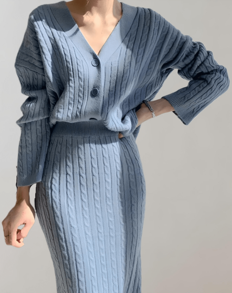 Levoire | Ensemble 2 Pièces Femme Jupe Cintrée Pull Boutons Bleu