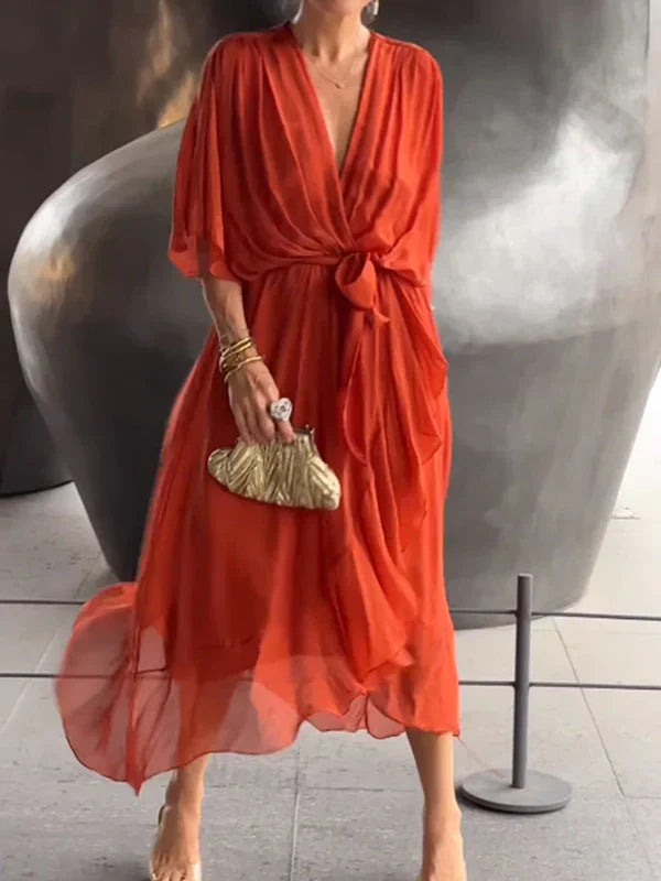 Levoire | Robe En Chiffon Avec Décolleté En V, Élégante Et Raffinée Orange