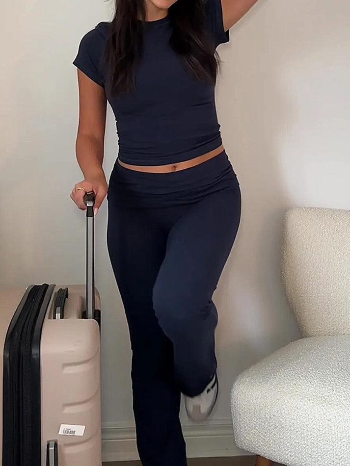 Levoire | T-Shirt Slim À Manches Courtes Uni & Ensemble Pantalon Évasé Bleu