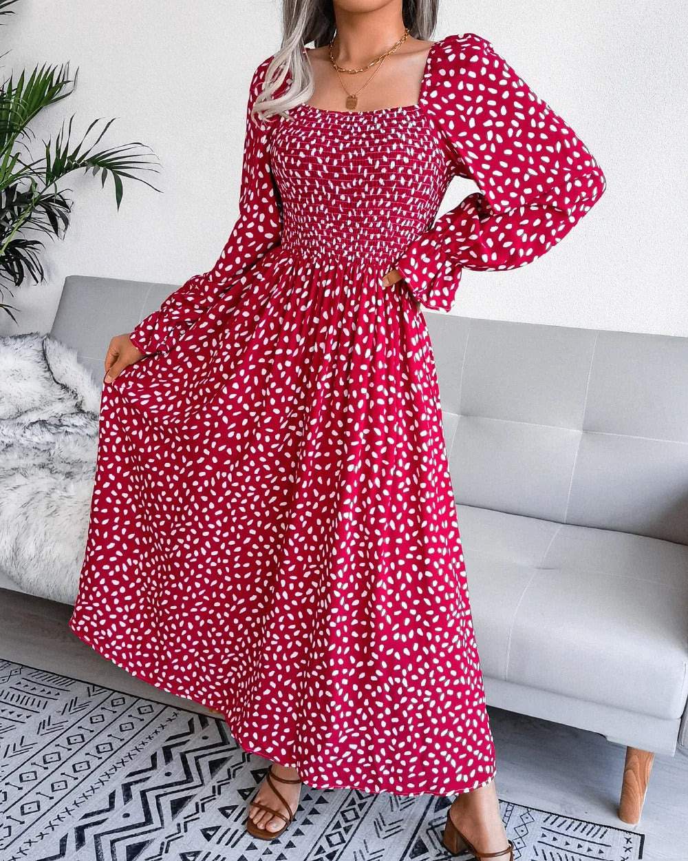 Levoire | Robe D'Été Élégante Avec Imprimé Pois Et Manches Bouffantes Longues Rot