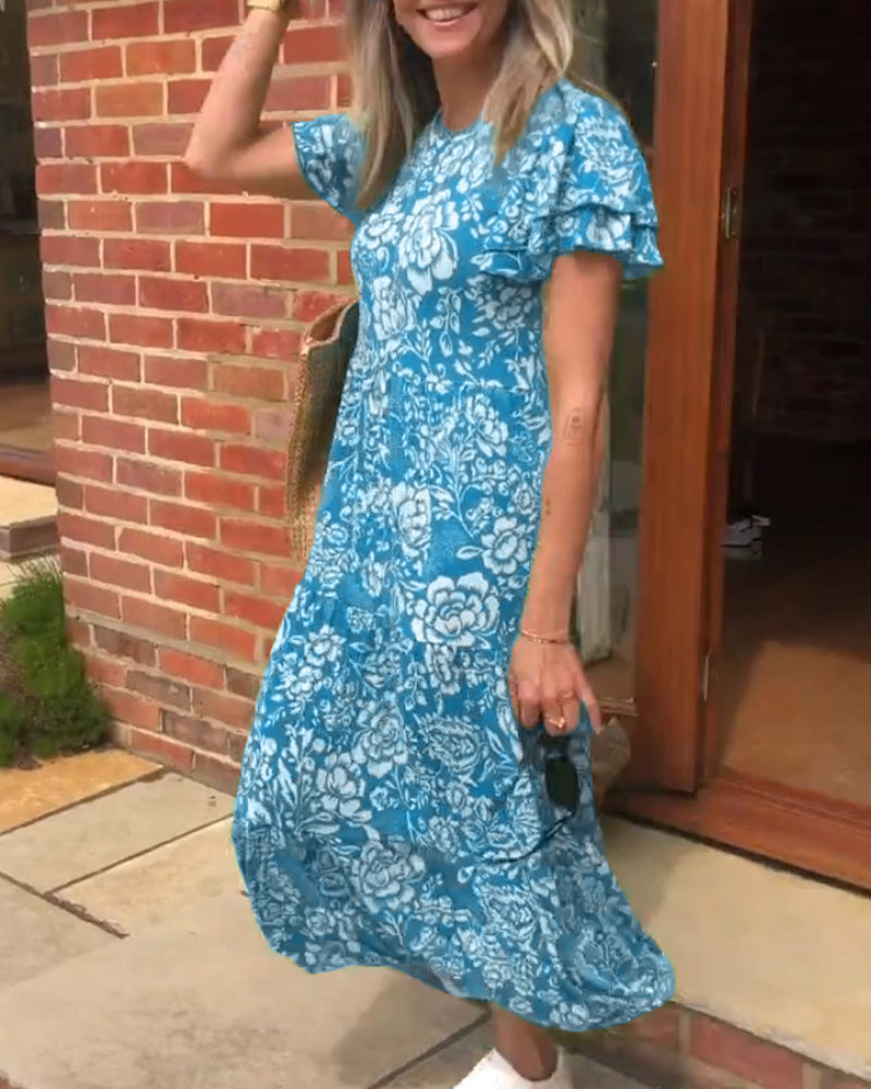 Levoire | Robe Longue Avec Motif Floral Et Manches Courtes Bleu ciel