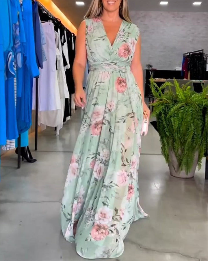 Levoire | Robe Sans Manches Élégante À Imprimé Floral En V Vert