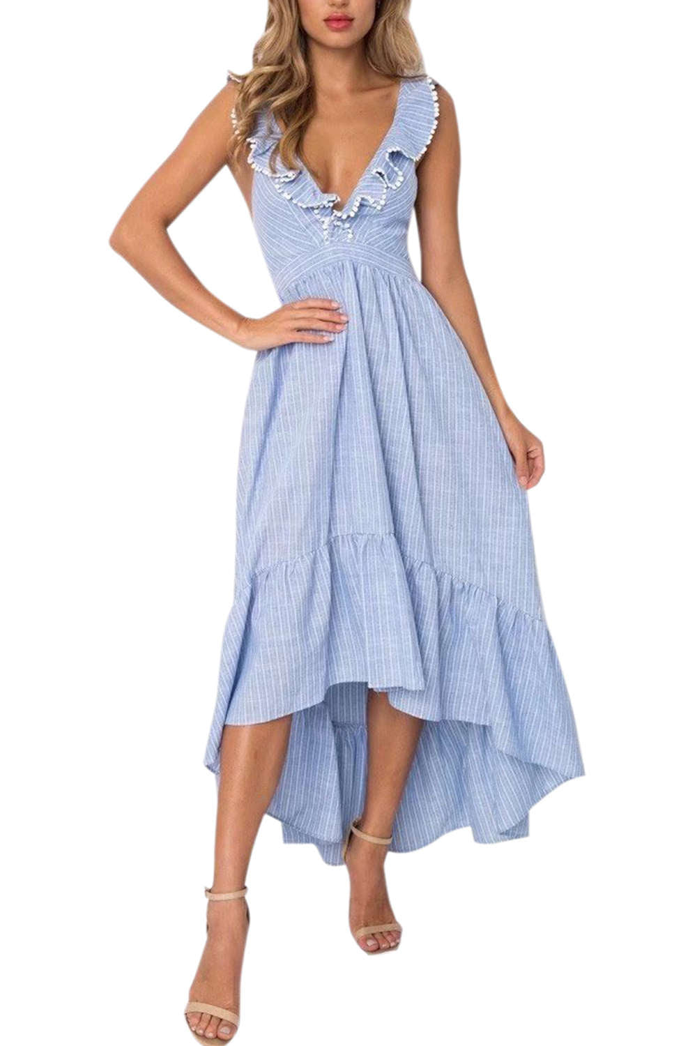 Levoire | Robe sans manches à volants à décolleté en V profond rayée