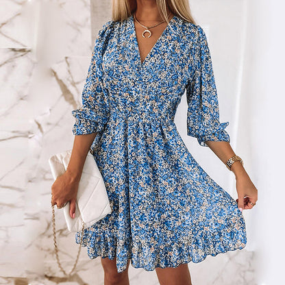Levoire | Robe Charmante à Imprimé Fleuri Bleu