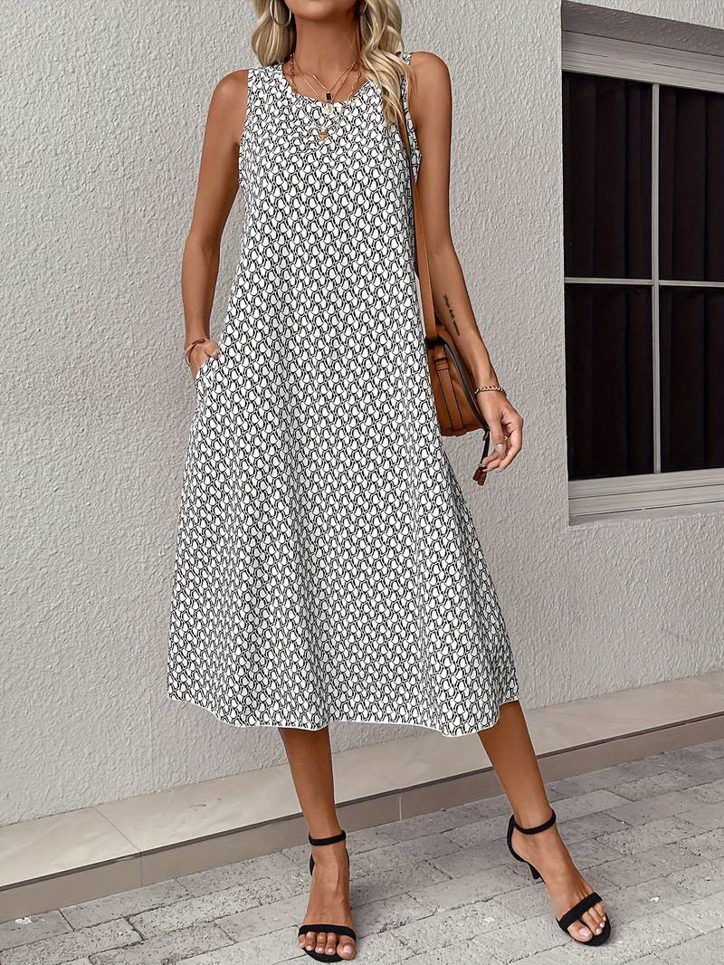 Levoire | Robe Midi Boho Sans Manches Avec Imprimé Intégral Blanc