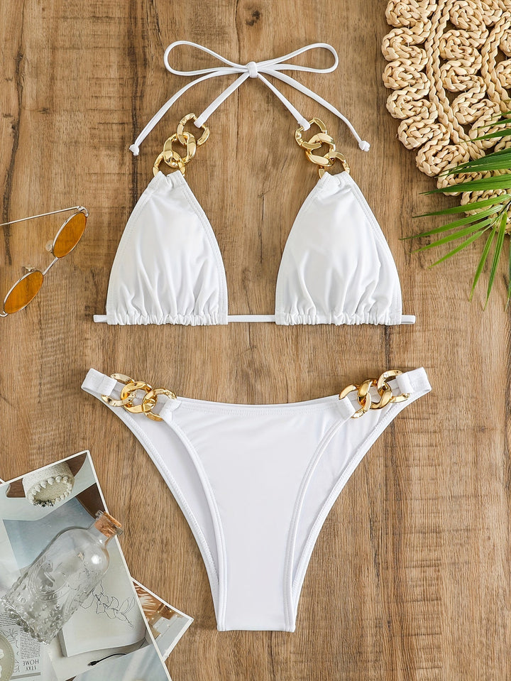 Levoire | Ensemble De Bikini Triangulaire Avec Ceinture À Chaînes Et Détails Pour Femmes Blanc