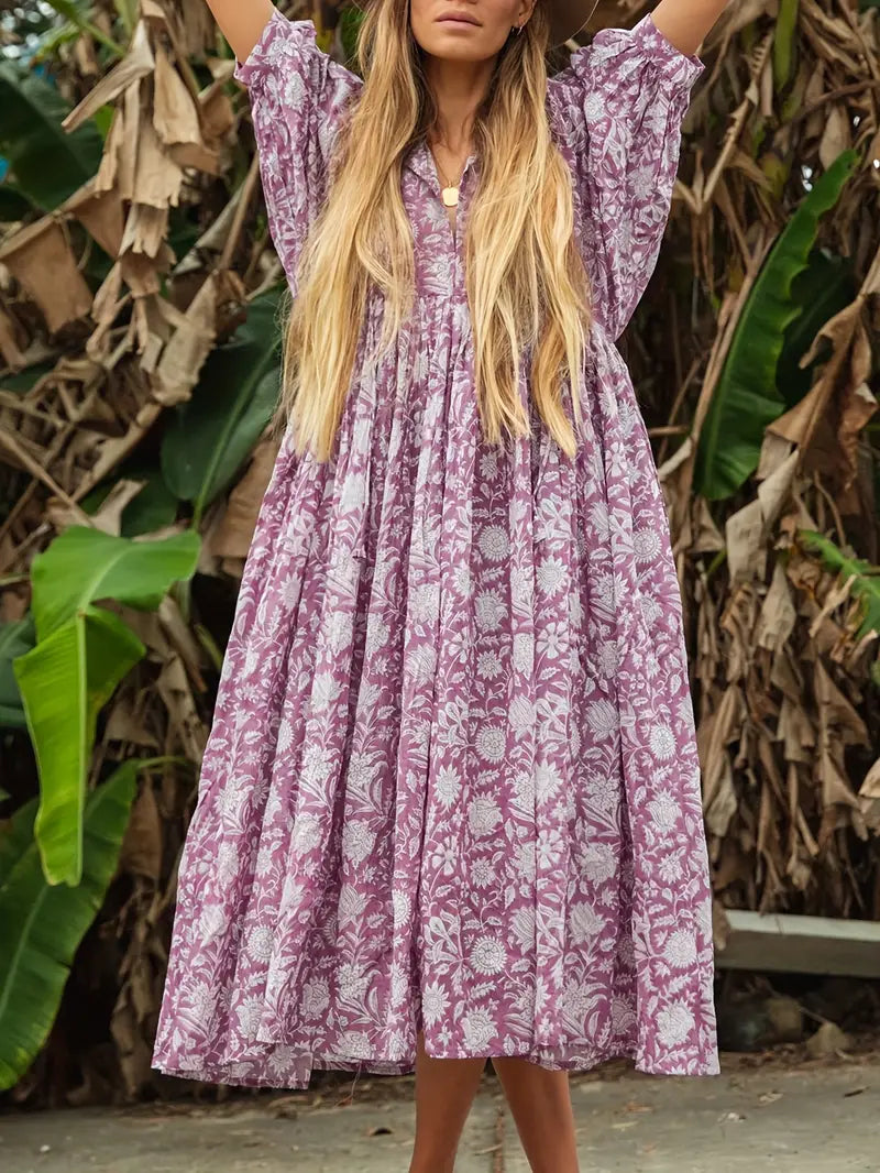 Levoire | Robe Maxi Boho Décontractée Avec Noeuds Décolleté En V Et Manches Courtes