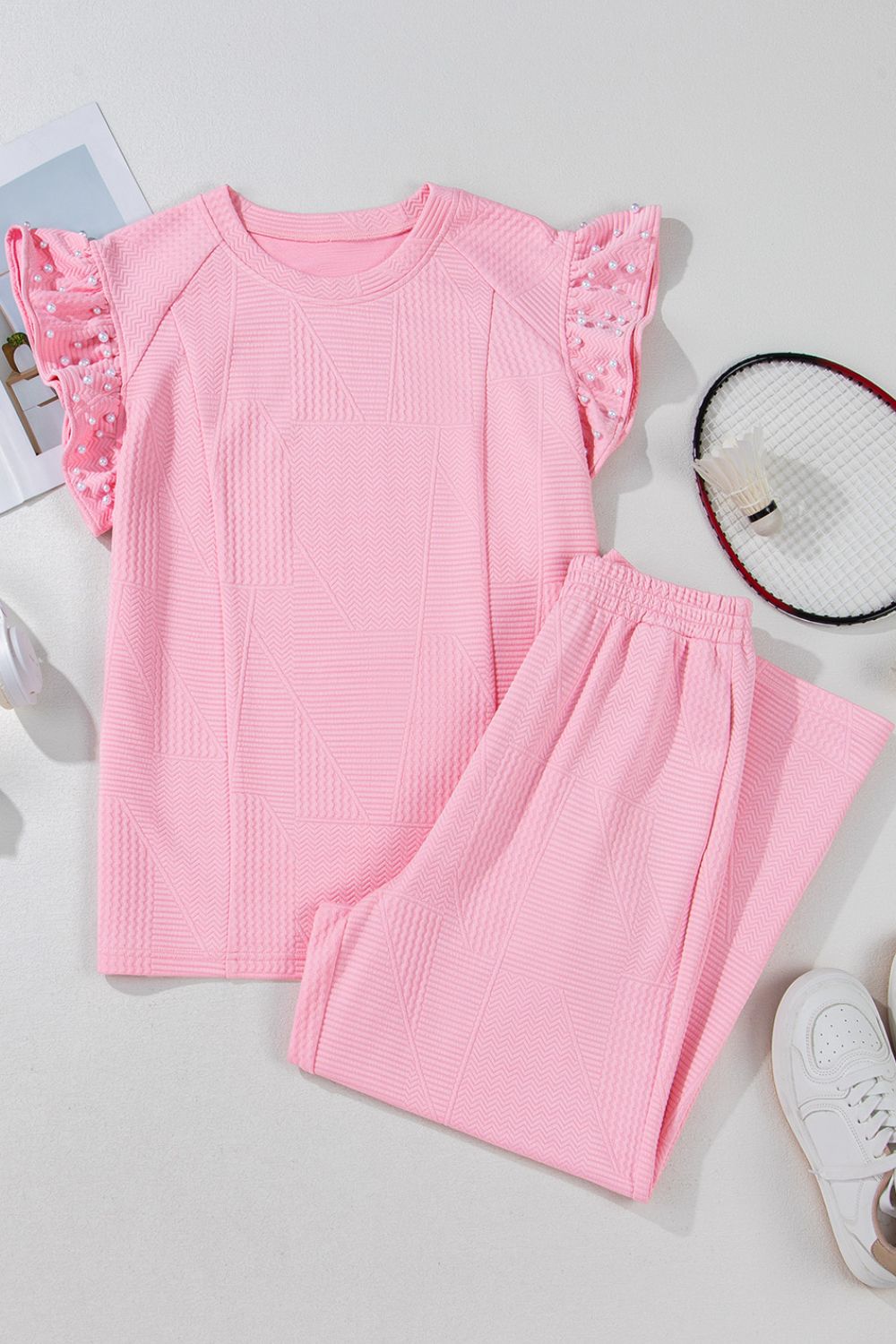 Levoire | Top Élégant Avec Détails En Perles Et Manches Volantées & Pantalon Large Set