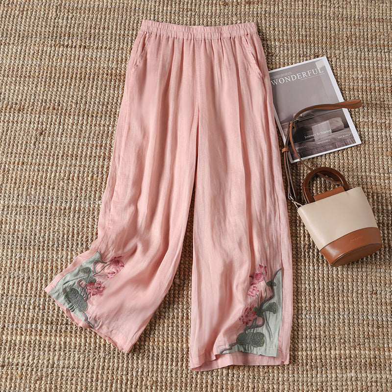 Levoire | Pantalon Décontracté Avec Des Fleurs Brodées Rose