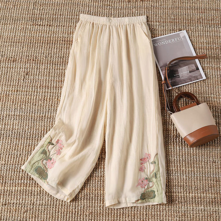 Levoire | Pantalon Décontracté Avec Des Fleurs Brodées Abricot