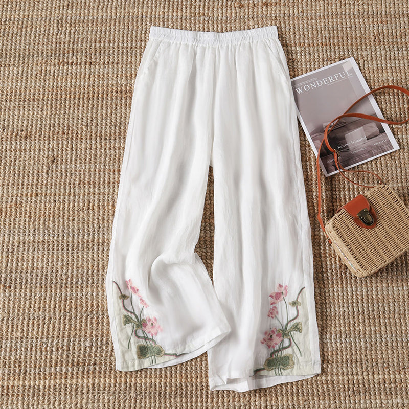 Levoire | Pantalon Décontracté Avec Des Fleurs Brodées Blanc
