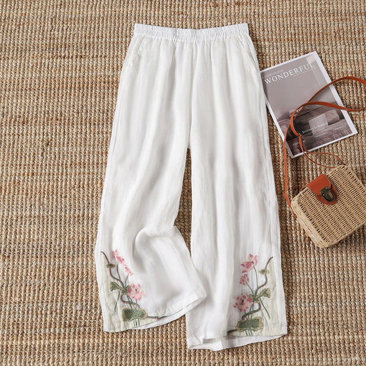 Levoire | Pantalon Décontracté Avec Des Fleurs Brodées Blanc