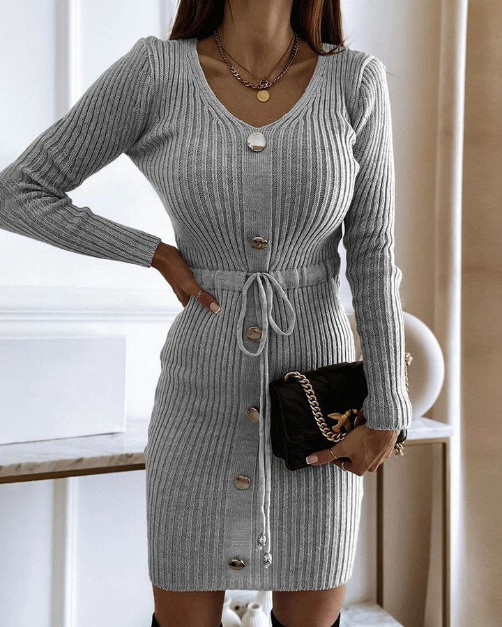 Levoire | Robe À Manches Longues À Encolure En V Avec Détails De Boutons Et Cordon De Taille Gris