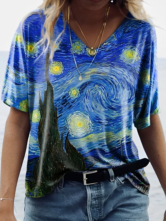 Levoire | Van Gogh starry sky with printed V-neck T-shirt