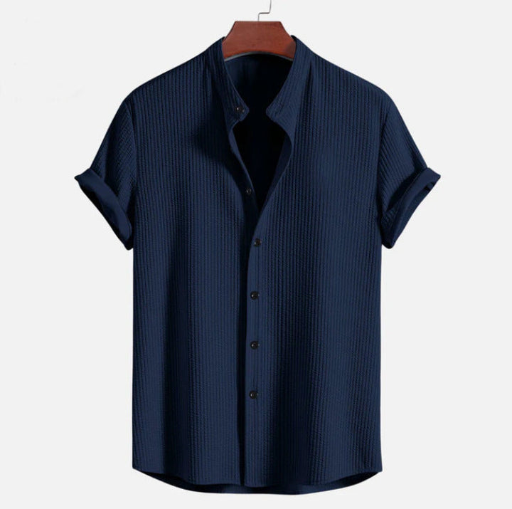Levoire | Chemise Col Montant Côtelé, Coupe Musclée Navy Blue