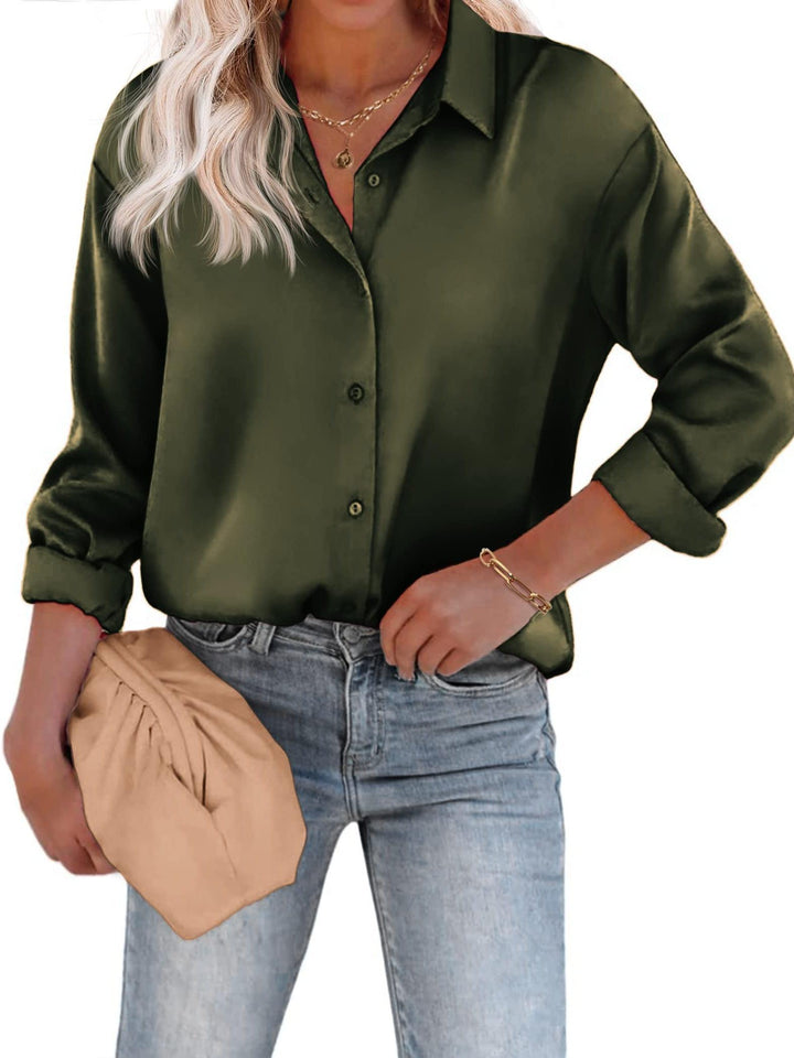 Levoire | Top Satin Décontracté Avec Bouton Et Manches Longues olive vert
