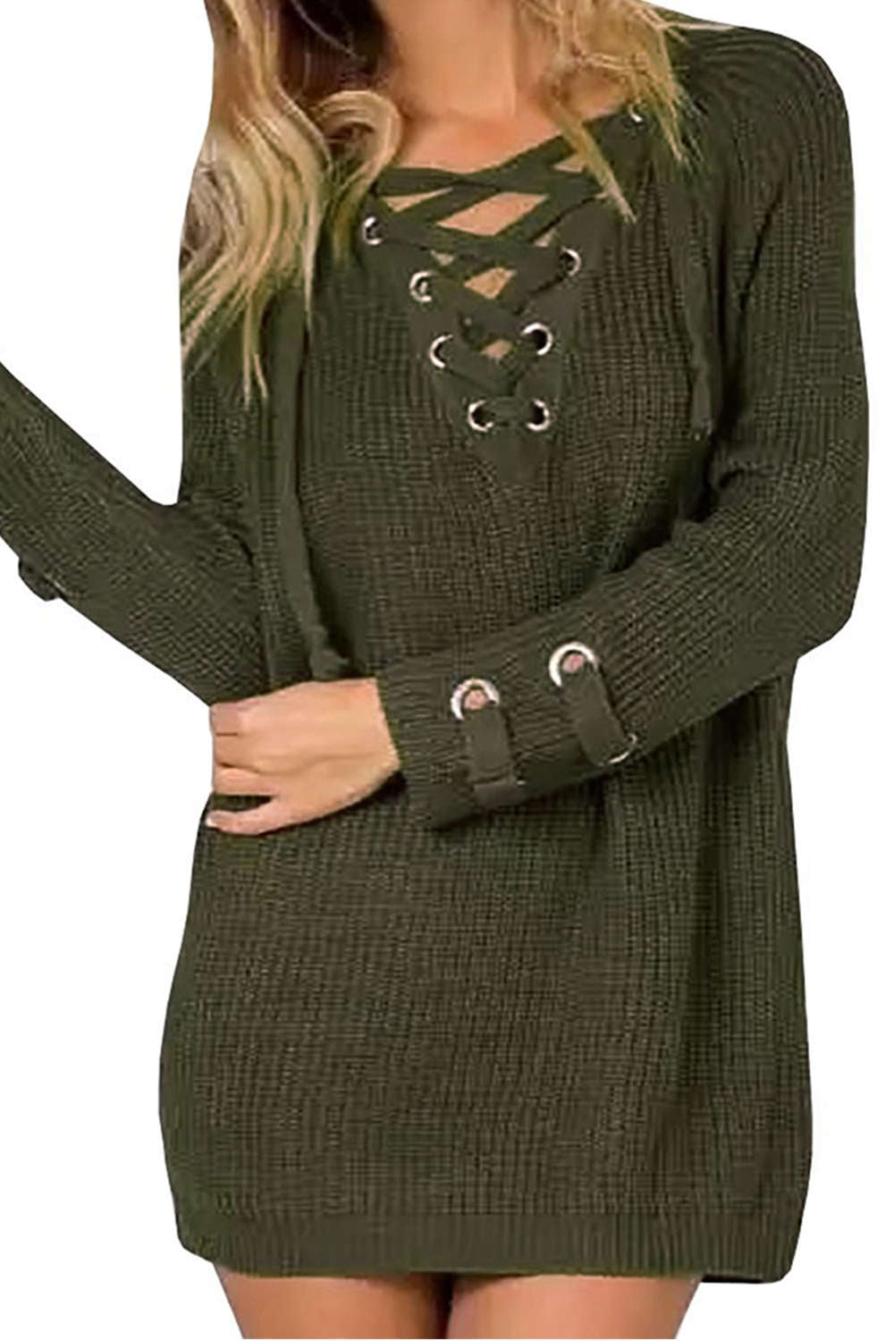 Levoire | Femmes Lacets Vue avant Encolure en V Manches longues Pull en tricot Top Vert armée Taille unique
