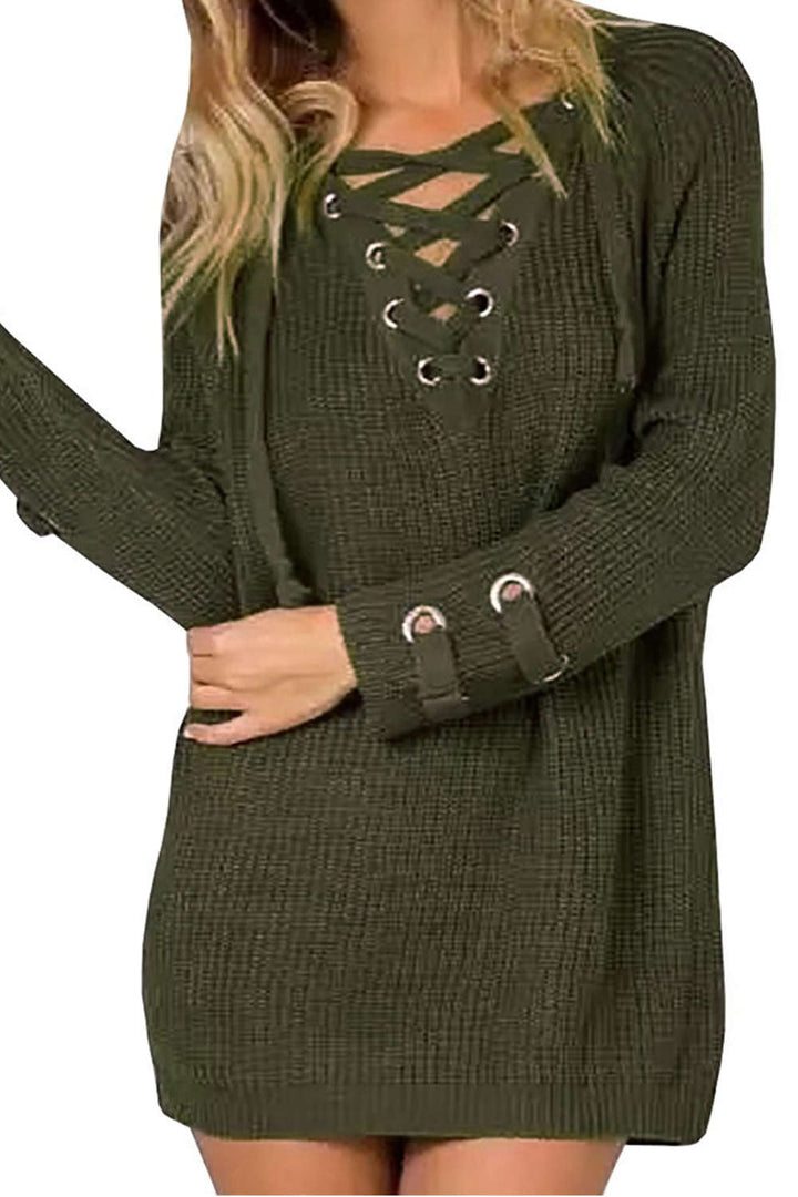 Levoire | Femmes Lacets Vue avant Encolure en V Manches longues Pull en tricot Top Vert armée Taille unique
