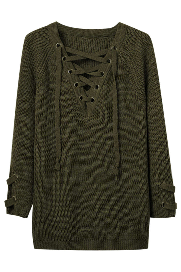 Levoire | Femmes Lacets Vue avant Encolure en V Manches longues Pull en tricot Top