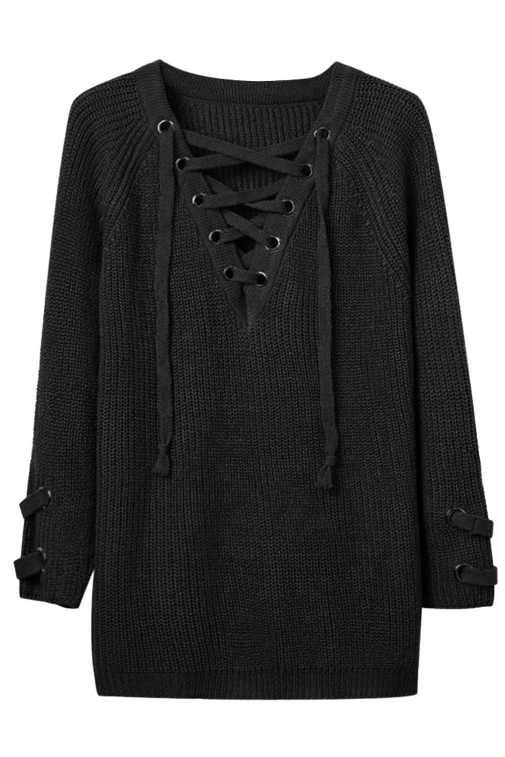 Levoire | Femmes Lacets Vue avant Encolure en V Manches longues Pull en tricot Top