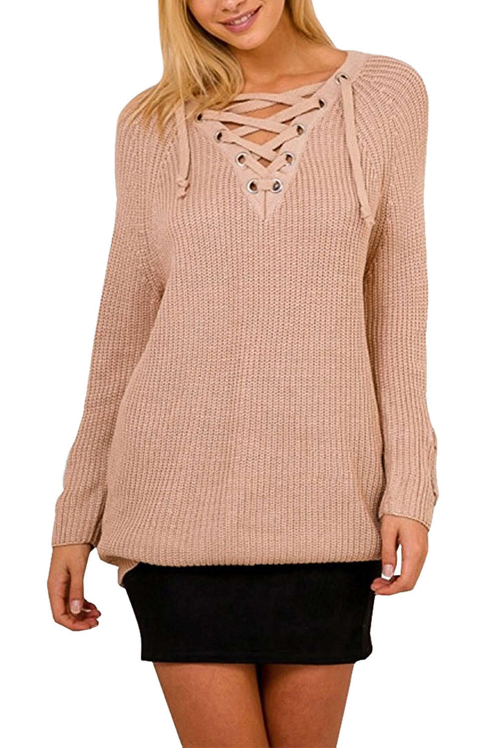 Levoire | Femmes Lacets Vue avant Encolure en V Manches longues Pull en tricot Top Khaki Taille unique