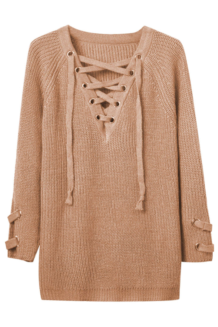 Levoire | Femmes Lacets Vue avant Encolure en V Manches longues Pull en tricot Top