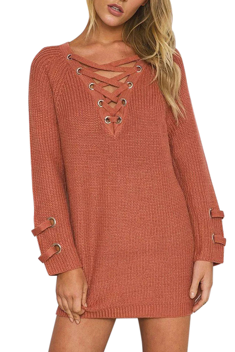Levoire | Femmes Lacets Vue avant Encolure en V Manches longues Pull en tricot Top Orange Taille unique